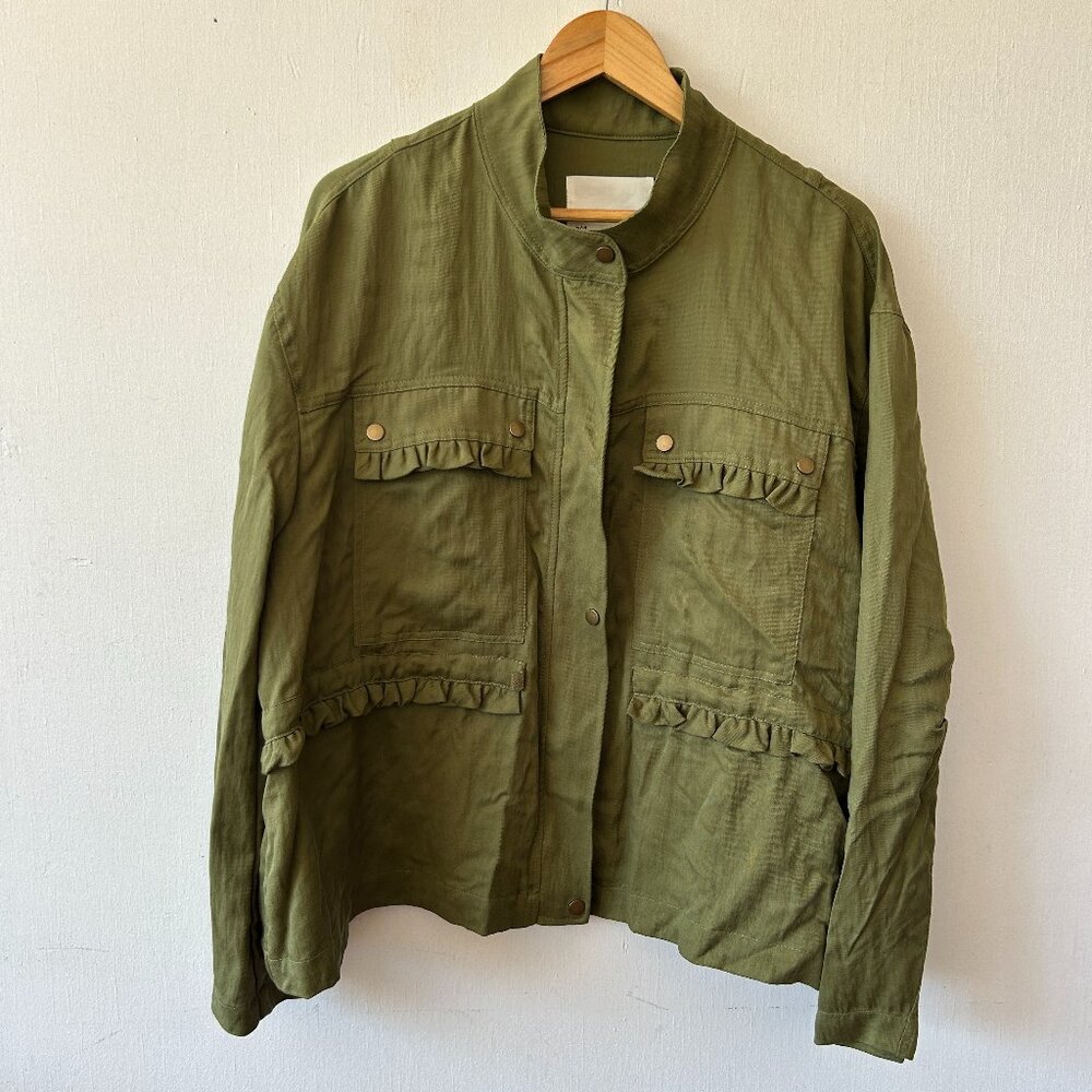 Anthropologie Lightweight Army Green Jacket Womens Large Ruffle Military Chic